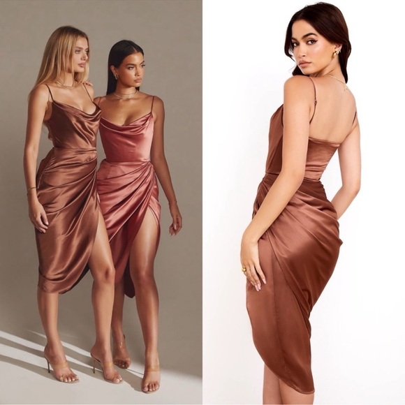 NWOT House of CB Reva Satin Gathered Toffee Brown Corset Dress sz XS - Picture 3 of 8